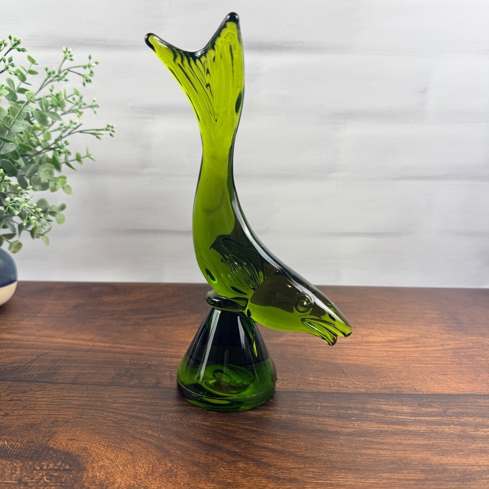 Viking Glass Epic Fish Trout #1320 Avocado Green 1964 MCM Art Glass